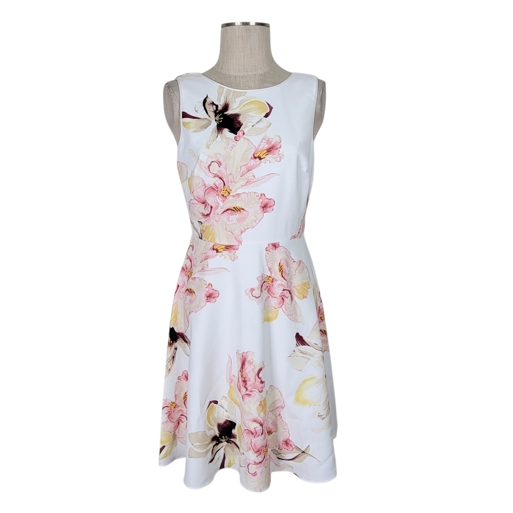 WHBM Fit N Flare Dress Size 6 White Pink Floral Sleeveless Back V Neck Lined New - Picture 3 of 11